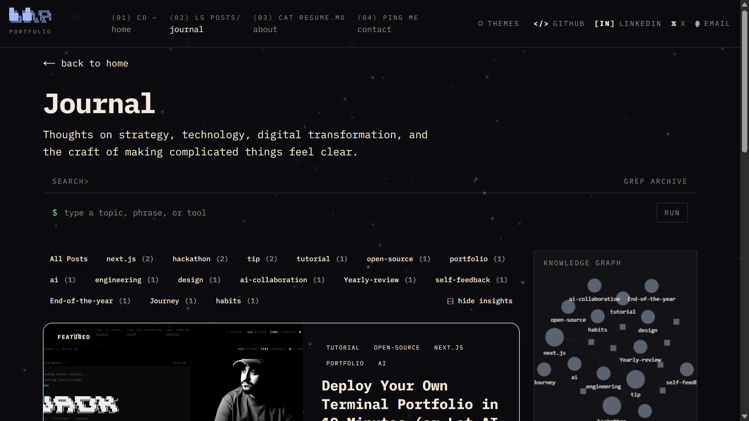 Journal page — search, tags, and knowledge graph