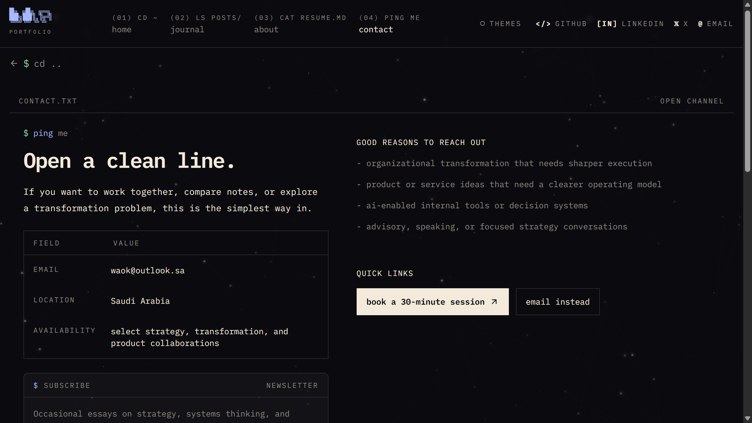 Contact page — booking, email, and newsletter subscription