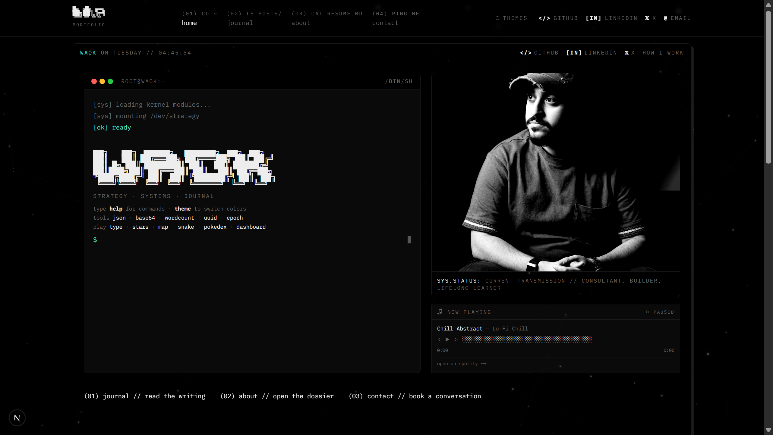 Home page — terminal boot with ASCII art, profile, and live commands