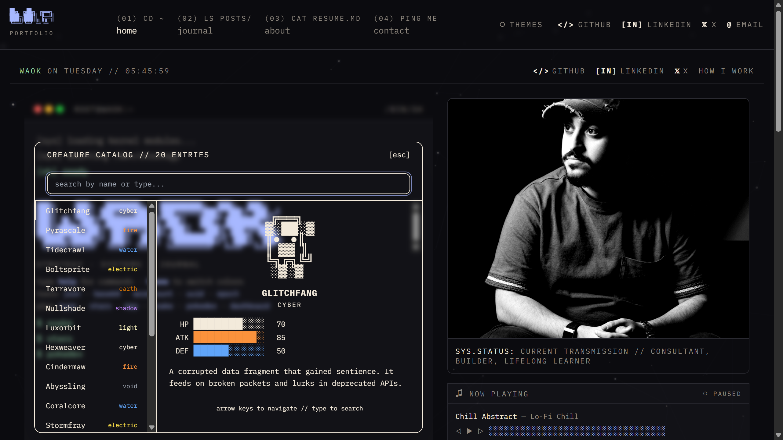 Creature catalog — a Pokedex-style browser with stats and ASCII art
